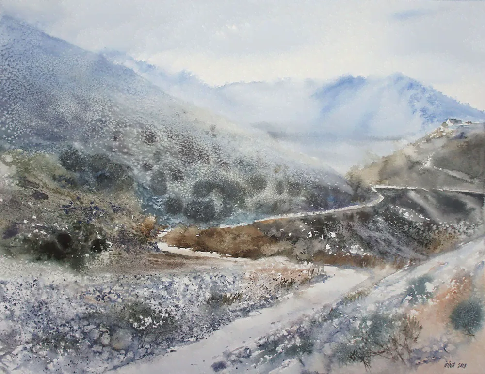 Картина акварелью "Горная дорога", 610×470 мм, 2018 г.