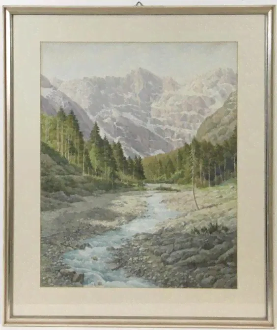 Акварель, пейзаж ~1950-60 г. Горная река.