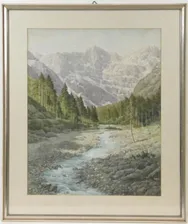 Акварель, пейзаж ~1950-60 г. Горная река.